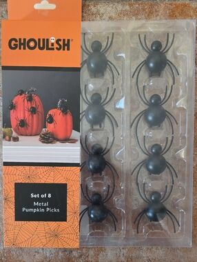 GHOULISH Metal Pumpkin Picks - Black Spider (Set of 8)